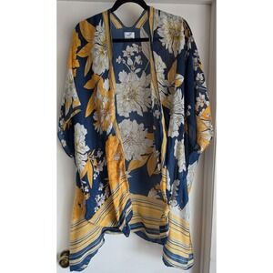 Save the Ocean Apparel Co Women Kimono Floral Blue Yellow Boho Wrap Top
